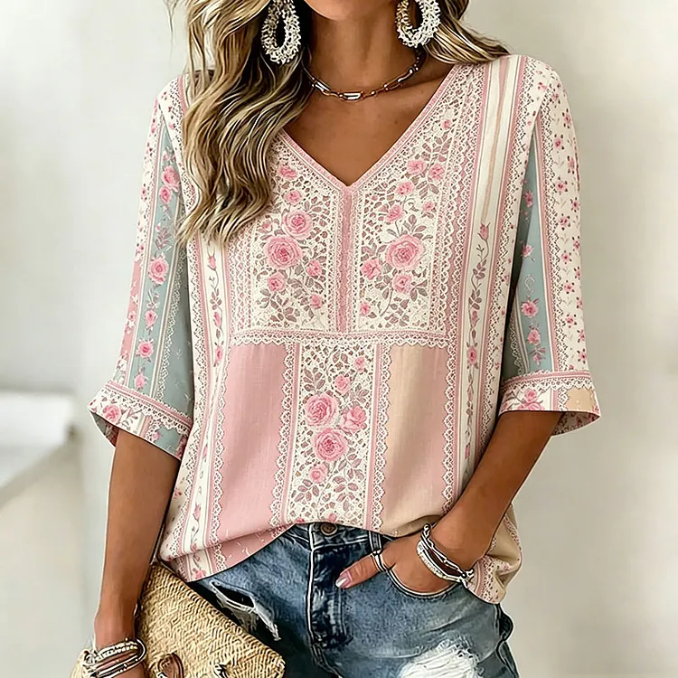 Women's Floral Patchwork Art Embroidery Casual Cotton Linen T-shirt