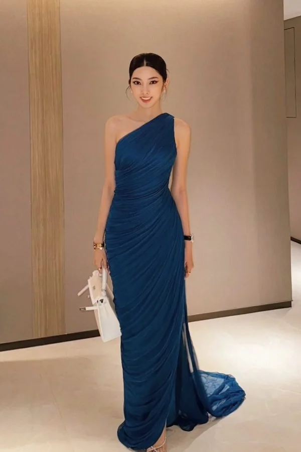 Unique Blue One-Shoulder Pleated Chiffon Long Prom Dress ZT0788