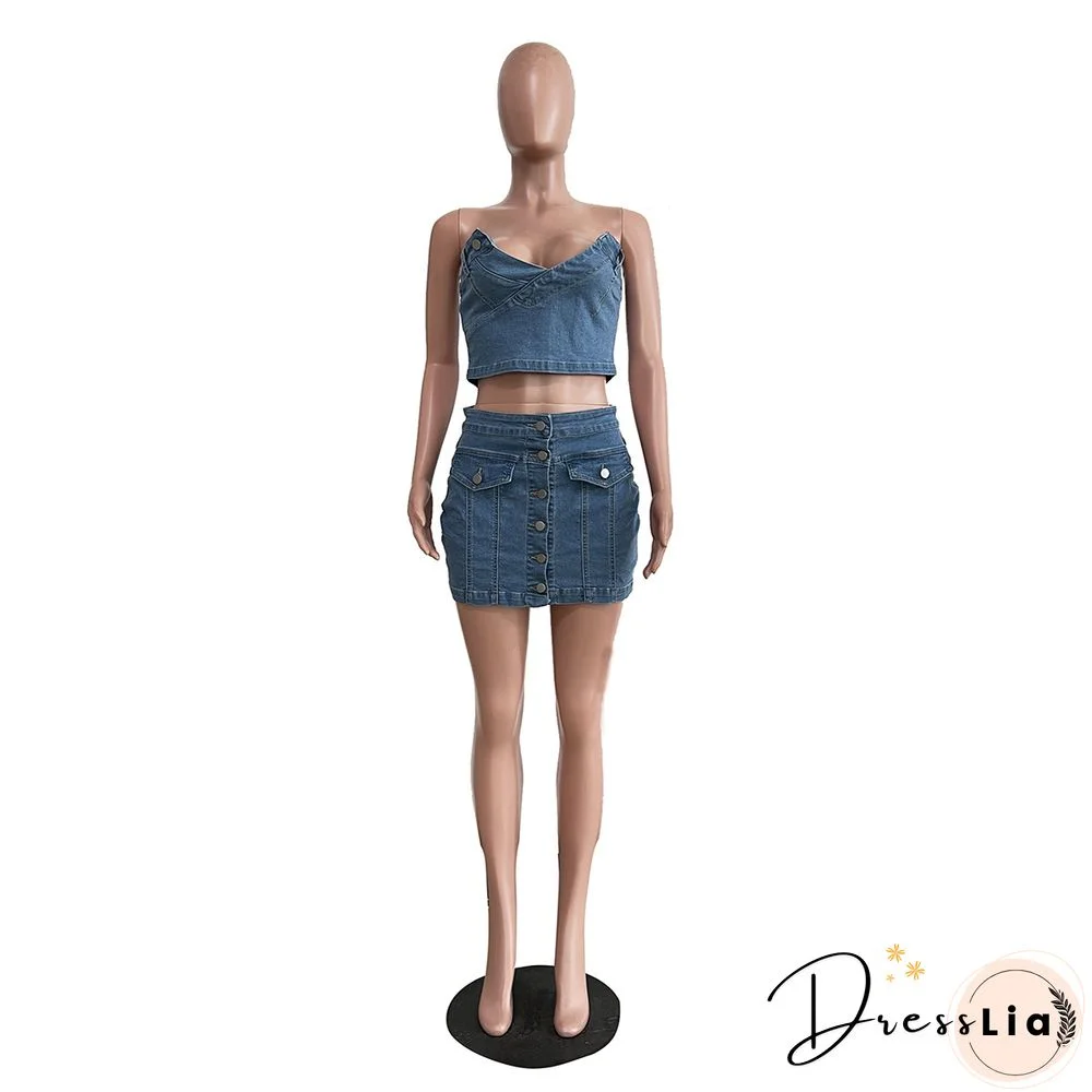 Denim Strapless Crop Top Mini Skirts Two Piece Set