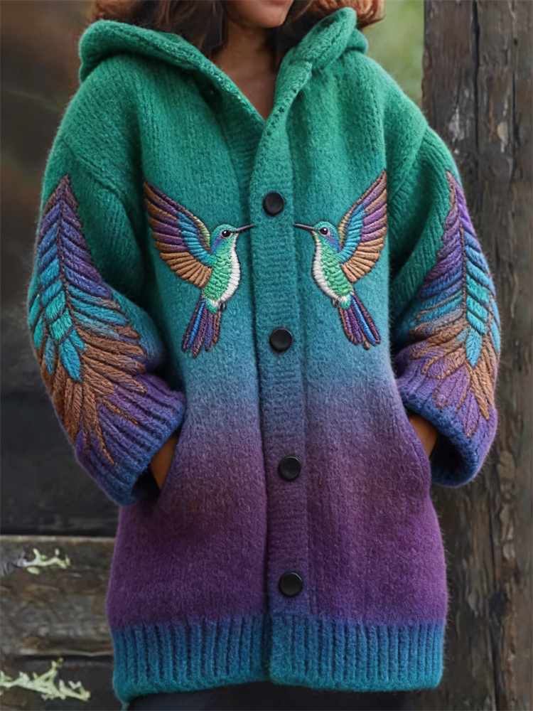 Classy Humming Birds Gradient Cozy Hooded Cardigan wearshes