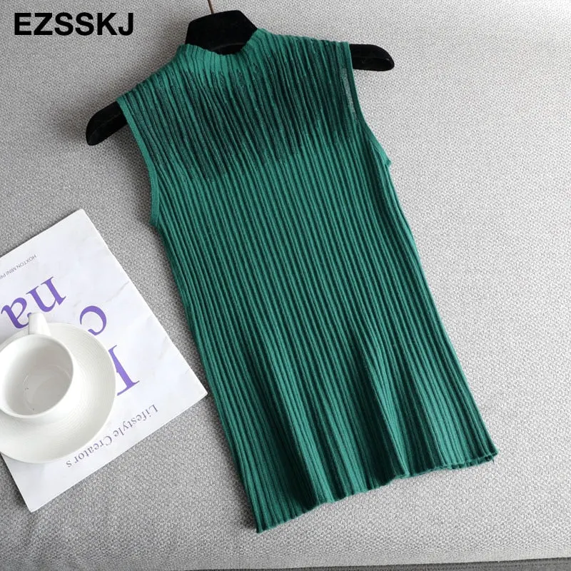 elegant Top spring autumn Knitted Tank top Women Blouse turtlenck sexy Sleeveless sweater vest Female slim top