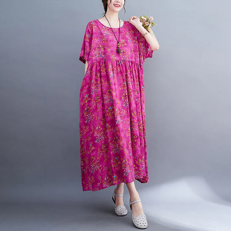 Literary Cotton And Linen Print Round Neck Midi Dress - yankia