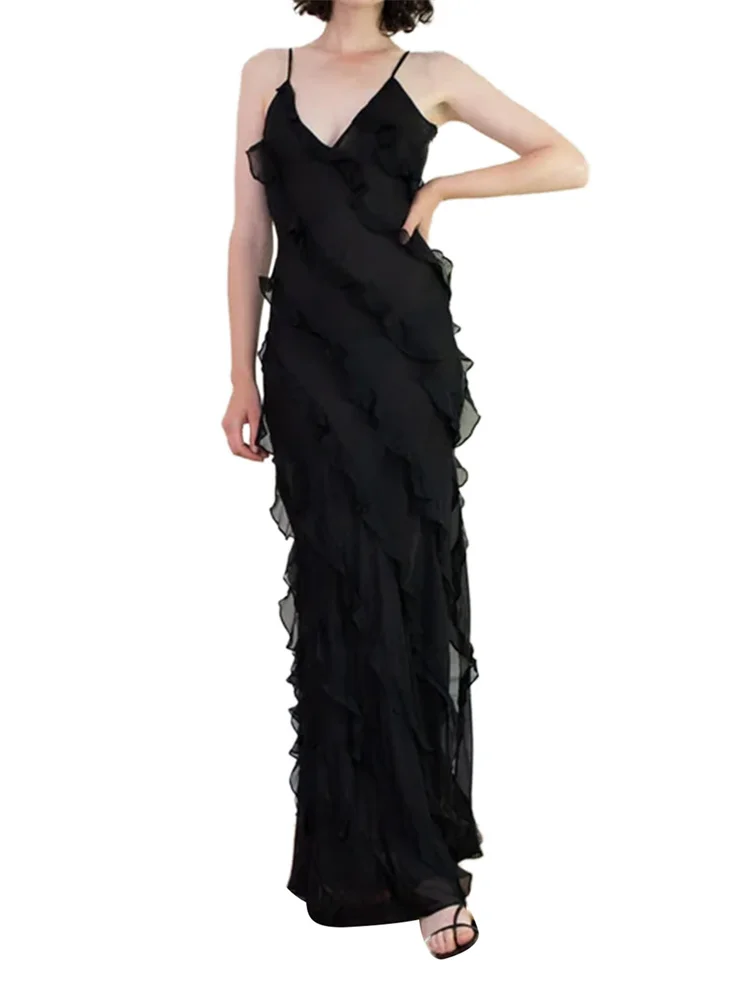 Elegant Women Sleeveless Strap Ruffle Sling Long Dress 2023 V-neck Summer Beach Side Split Party Evening Vestido 2023