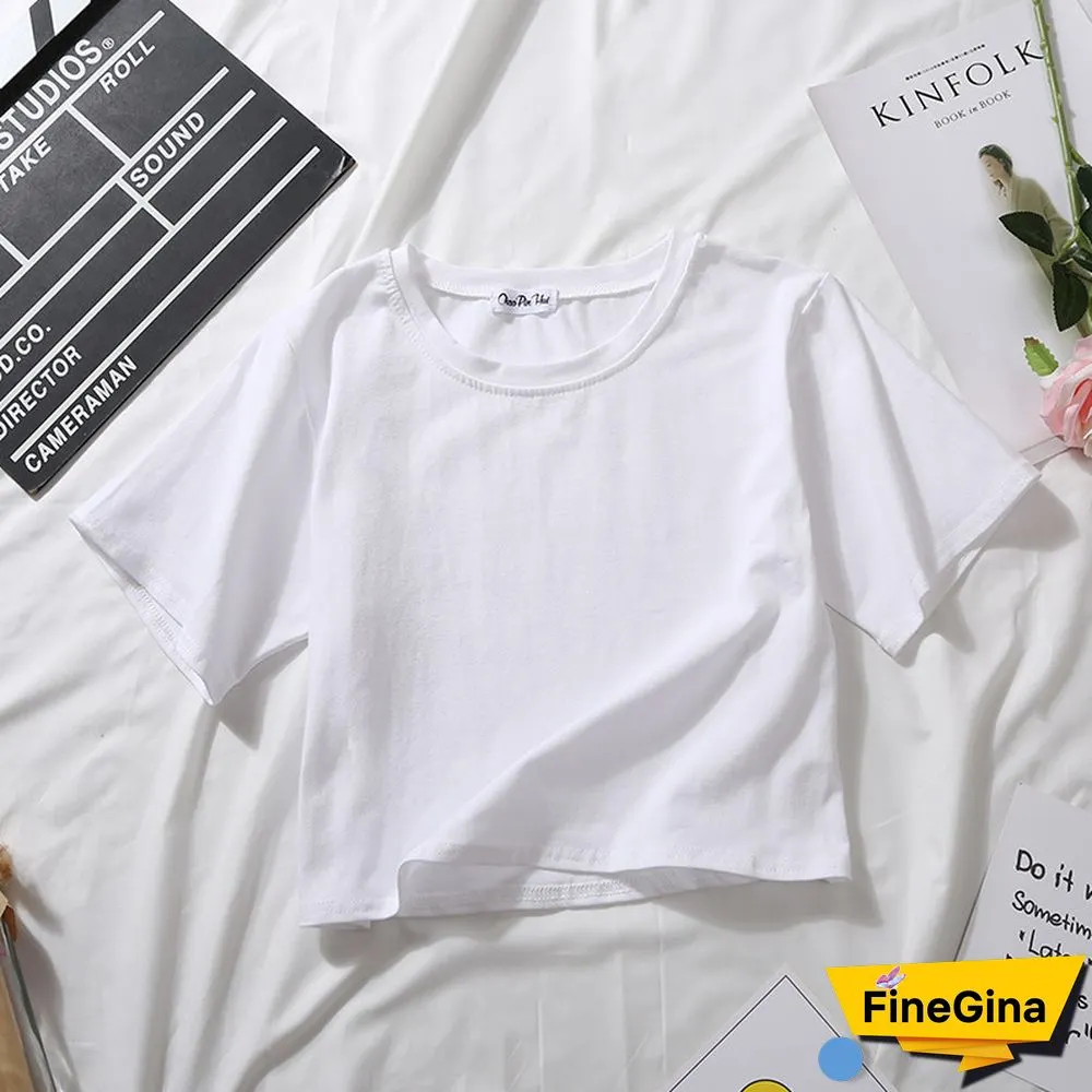 Summer Short Sleeve T Shirts Women Cotton Solid T-shirt O Neck High Waist Crop Top Tee Female Casual Loose T Shirt