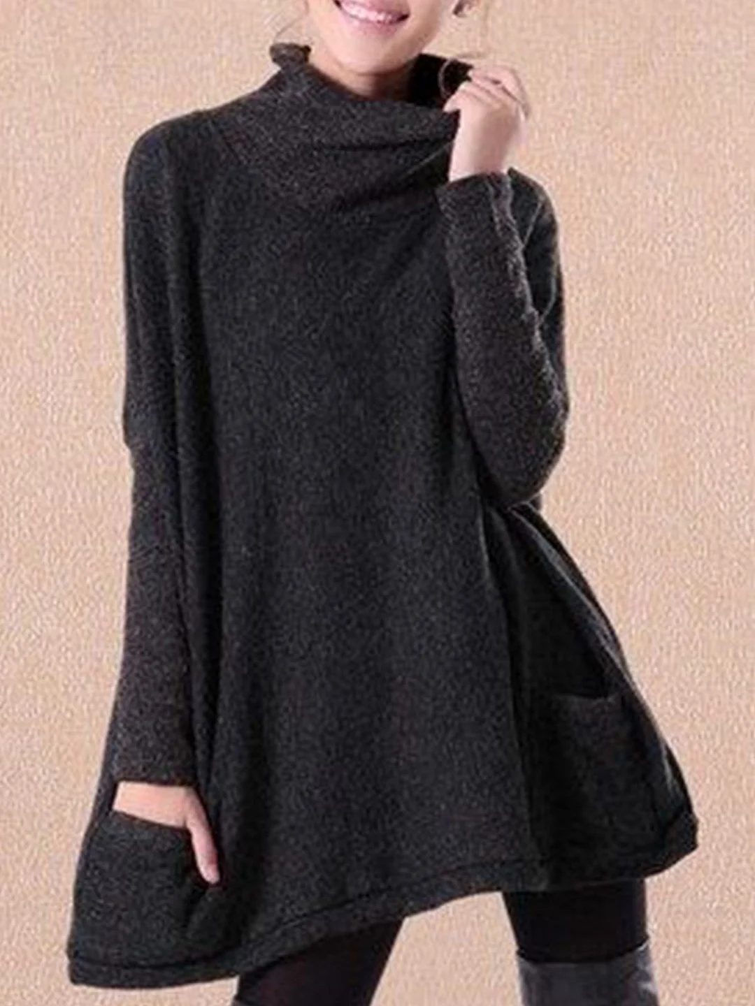 Black Patchwork Turtleneck Casual Sweater