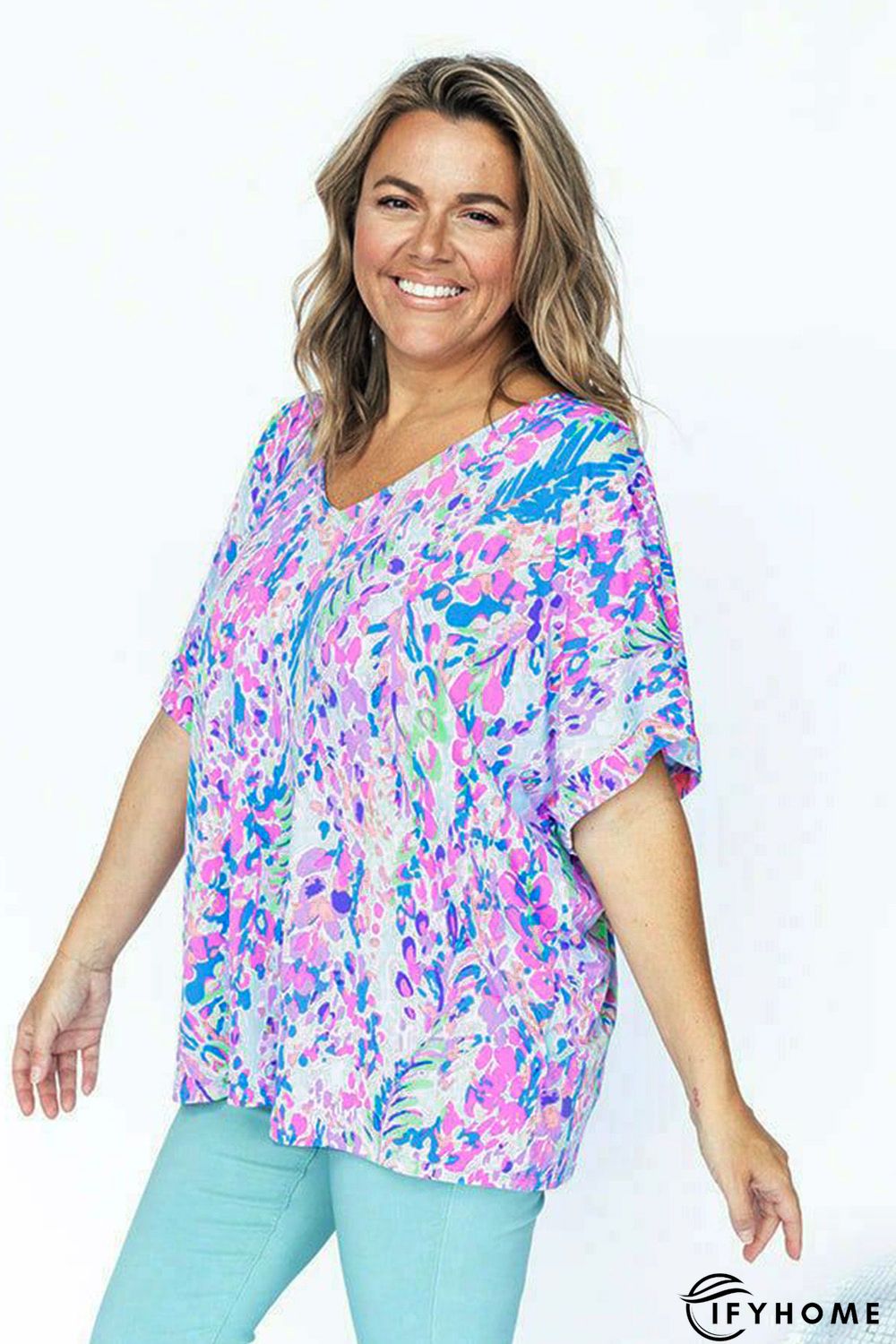 Sky Blue Plus Size Plant Print V Neck T-shirt | IFYHOME