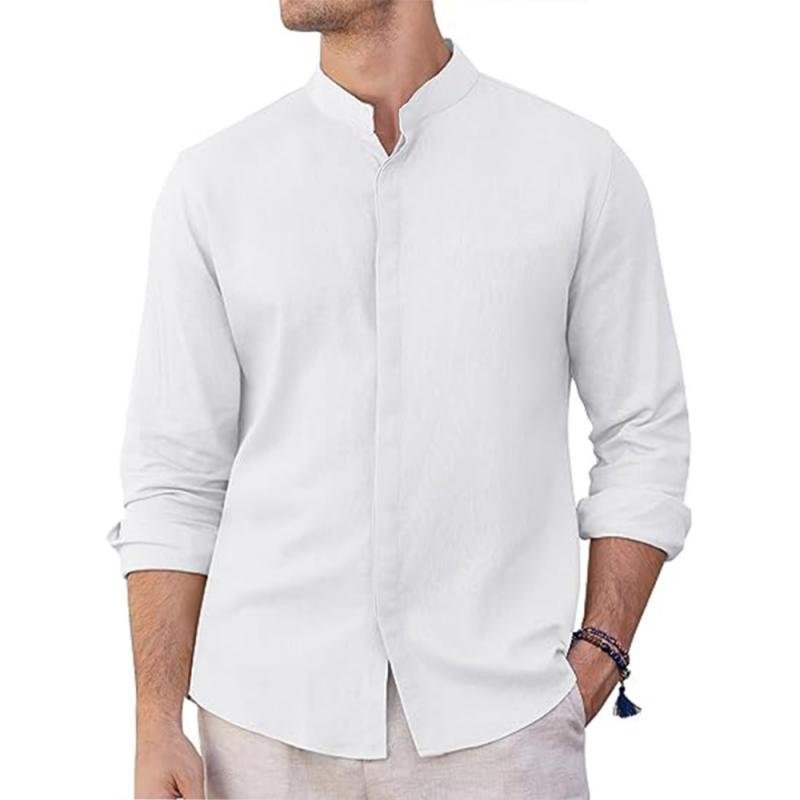 Men's Solid Stand Collar Long Sleeve Casual Shirt 58946798Z