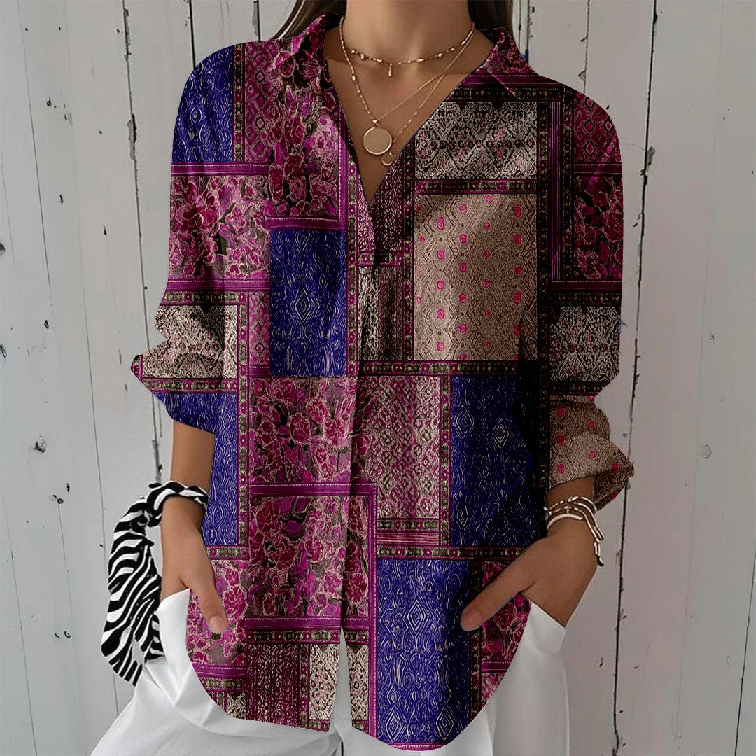 Style & Comfort for Mature Women Women Patchwork, Purple, Red DZCL0481 3/4 Sleeve Shirt Collar Printed Button Tops
