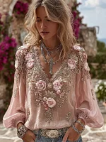 Boho Pink Roses Embroidered V Neck Linen T Shirt