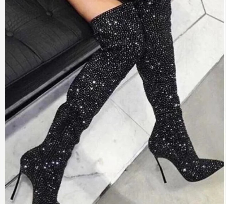 Women's Sexy iron Diamond Fashion Pointed Toe Stiletto Plus Size Over The Knee High Boots Novameme