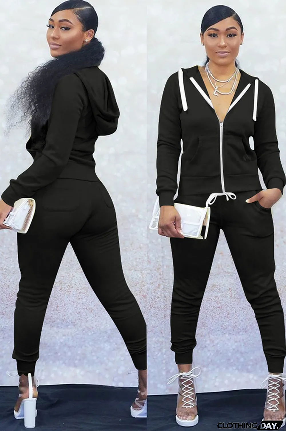 Black Polyester Casual Two Piece Suits Solid Patchwork pencil Long Sleeve Two-piece Pants Set