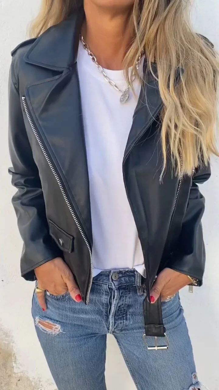 Long Sleeve Lapel Leather Jacket