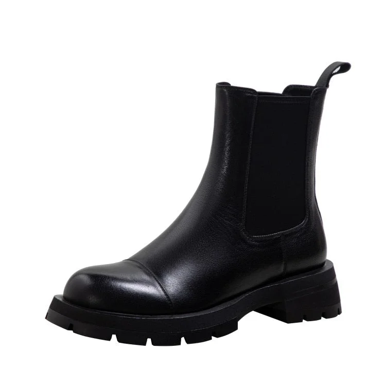Lourdasprec HOT Sales Fall/Winter Shoes Women Leather Ankle Boots Women Round Toe Thick Heel Shoes Solid Chelsea Boots Casual Women Boots