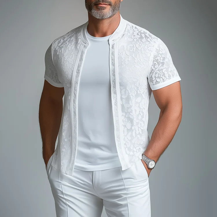 Men's Lace Hollow Out Crew Neck Short Sleeve Shirt