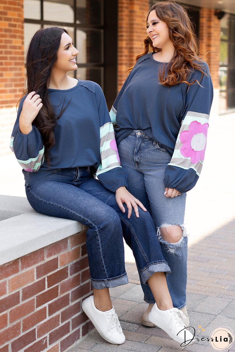 Sail Blue Flower Patchwork Raglan Sleeve Exposed Seam Oversized Top