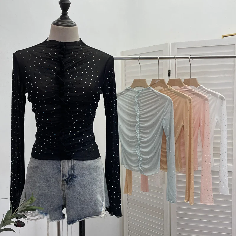 Uveng Real Shooting 2024 New Hot Diamond Half-High Collar Perspective Thin-Bottomed Shirt Mesh Top Beautiful Chic Shirt 2635
