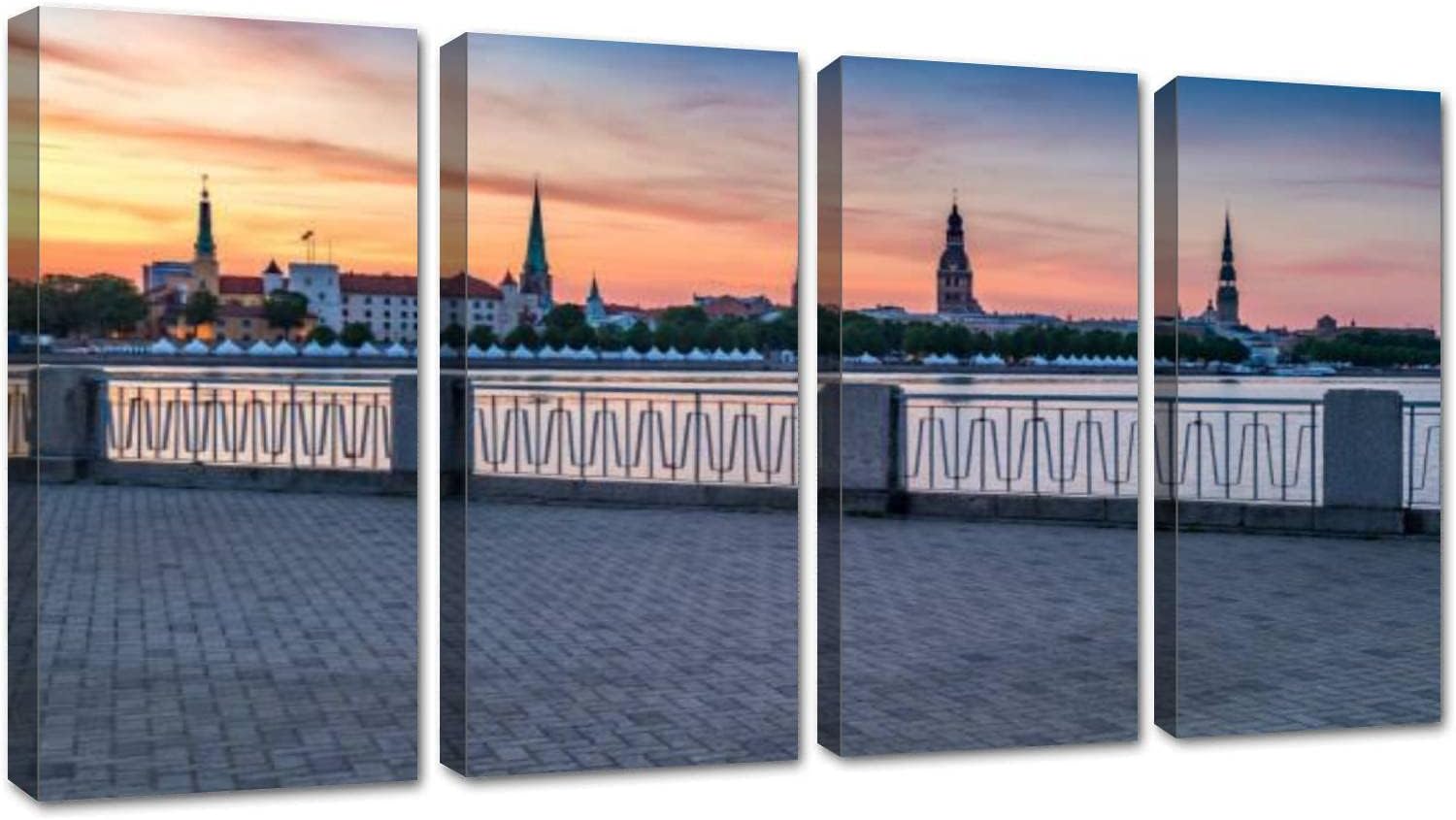 LGCZNWDFHTZ Wall Art Canvas Prints Pictures Paintings Stretched & Framed Morning view on historical district of Riga Latvia Poster Home Living Room Bedroom Decoration Ready to Hang 4 Panel Color7