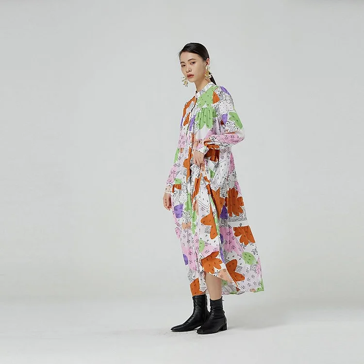 Design Loose Half Stand Collar Colorful Pattern Printed Long Sleeve Dress