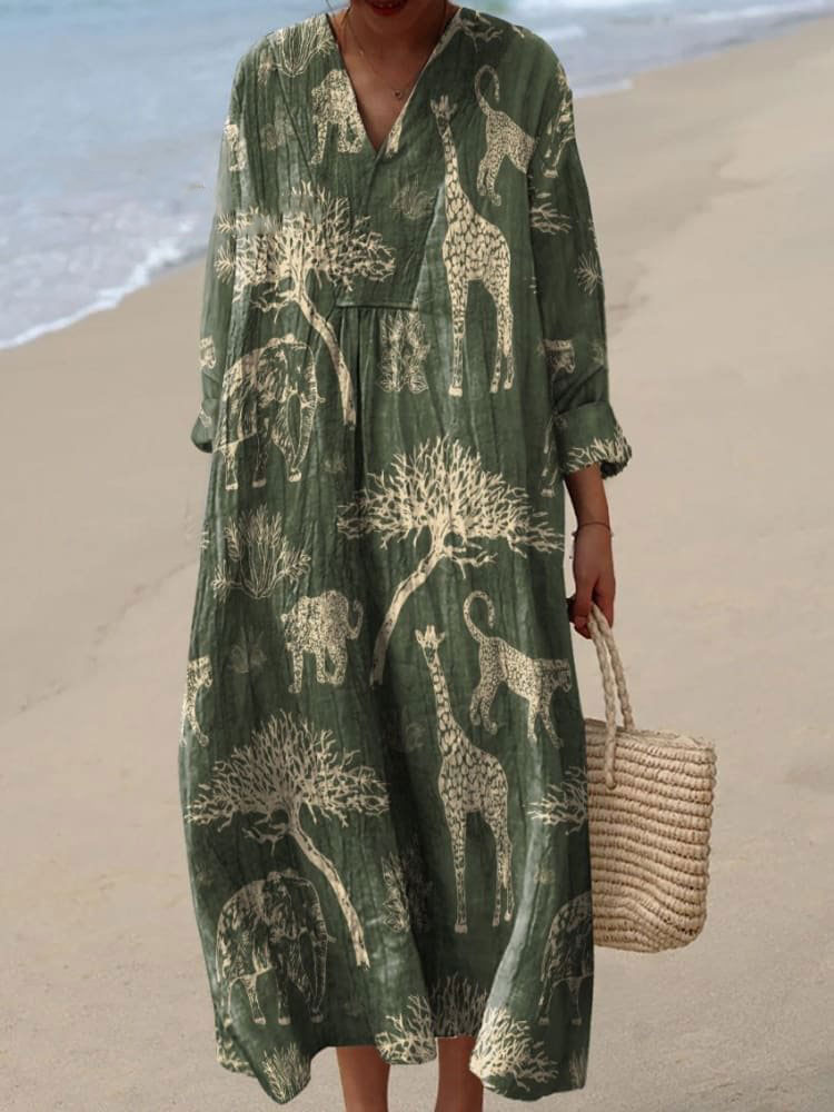 Decorative Pattern with Trees and African Wild Animals Flowy Dress