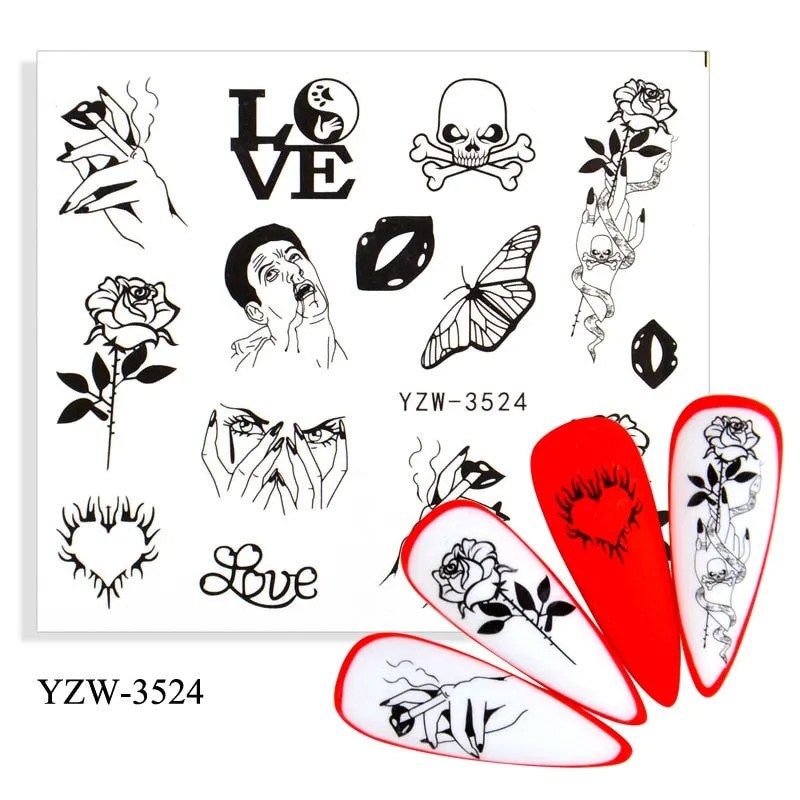 1 Sheet 3D Stickers For Nails Black Letter Leaf Flower Patterns Slider Nail Art Manicure Adhesive Tips Decals DIY Decorations-Nail Inspo