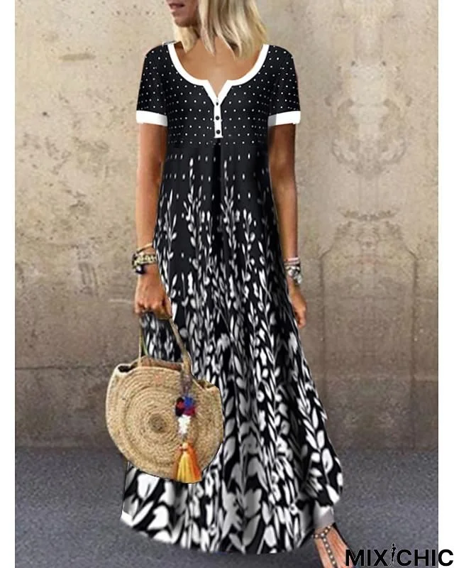 Women's Maxi Long Dress - Short Sleeve Black & White Leaf Print Summer Hot Casual Holiday High Waist Black Dresses