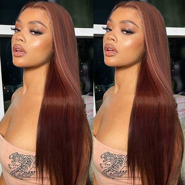 Junoda Auburn Brown Straight Transparent Lace Front Wig Colored Human Hair Wig