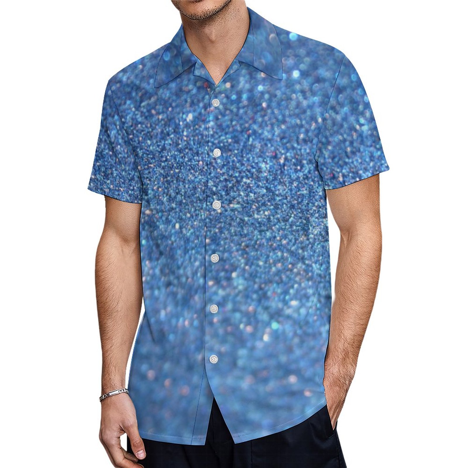 Blue Glitter Shiny Style Hawaiian Shirt Mens Button Down Plus Size Tropical Hawaii Beach Shirts