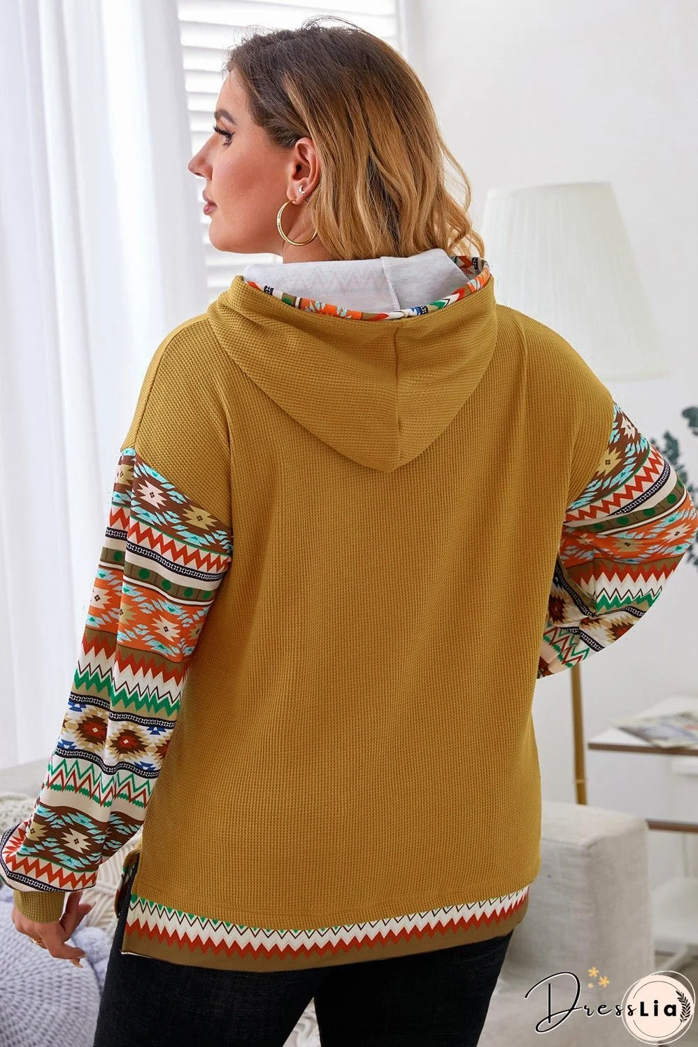 Aztec Patchwork Camel Hooded Waffle Plus Size Hoodie