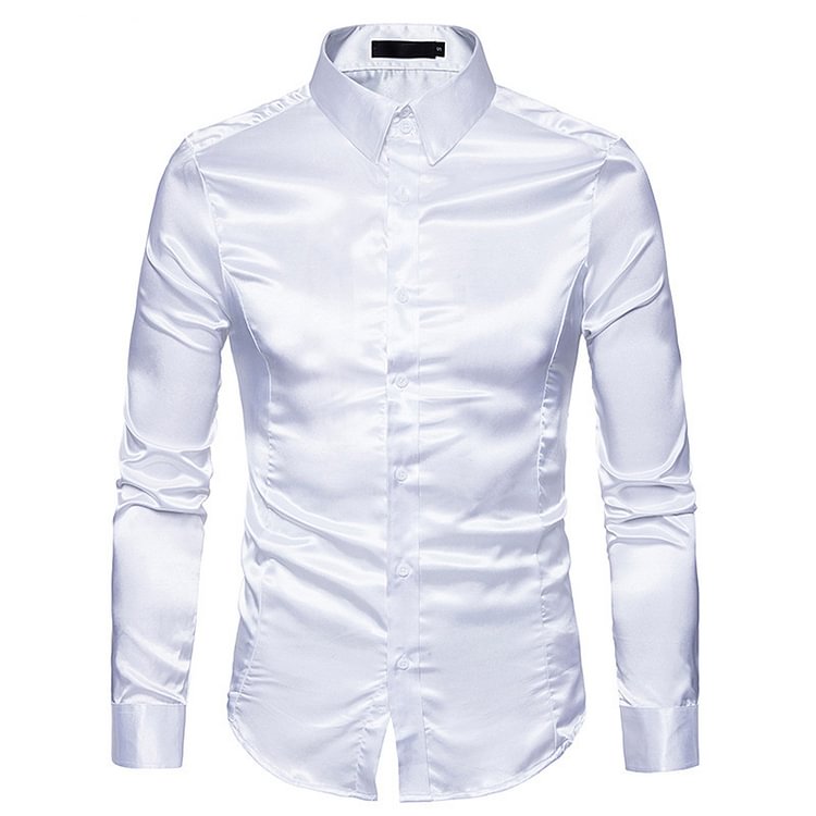 BrosWear Solid Color Shiny Long Sleeve Casual Dress Shirt white