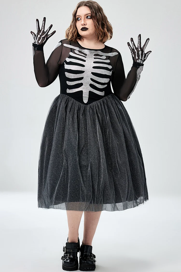 Xpluswear Design Plus Size Halloween Costumes Black Skeleton Print Tulle Long Sleeves Midi Dress (With Glove)