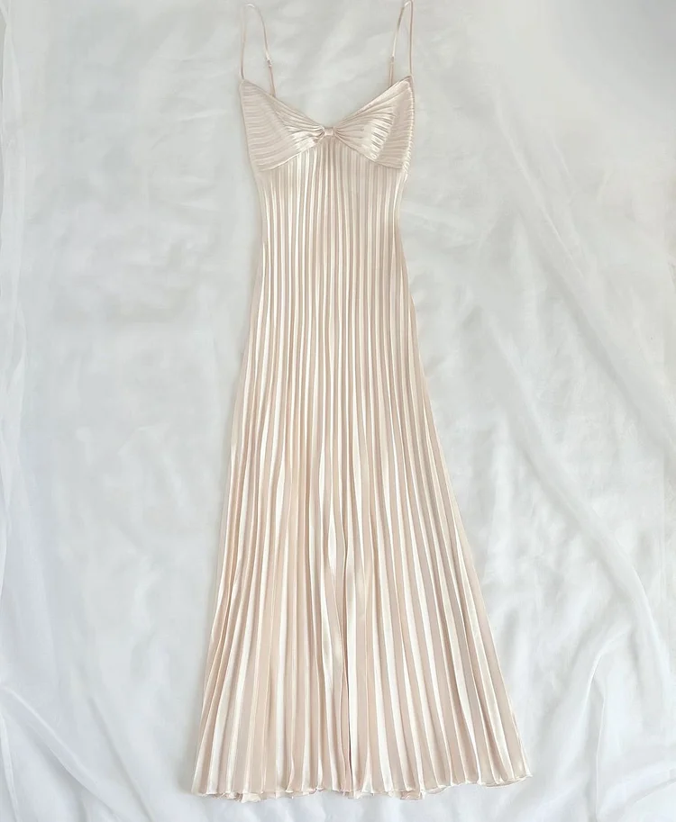 Spaghetti strap fashionable pleated long satin prom dress 