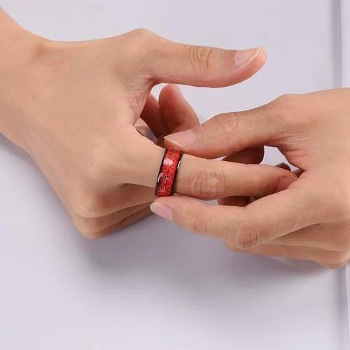 6MM 8MM Women's Or Men's Tungsten Carbide Wedding Matching Rings Black Tone with Cupid's Arrow over Red Inspired Meteorite Inlay Domed Top