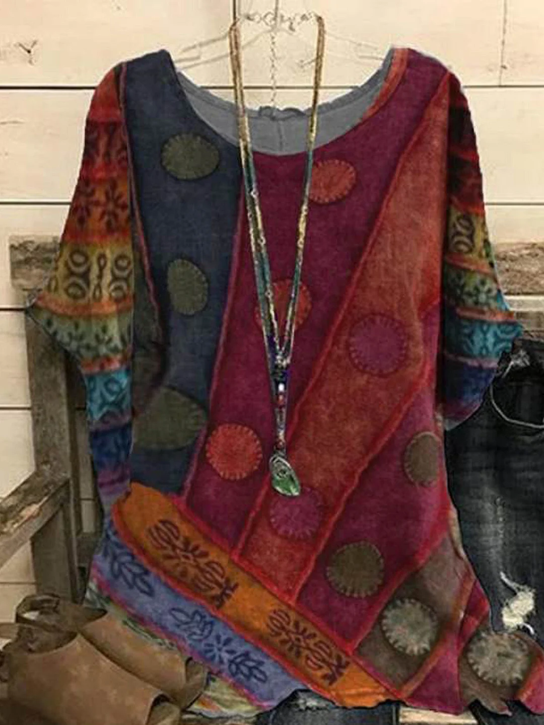 Dot Patterned Casual Style Round Neck Top