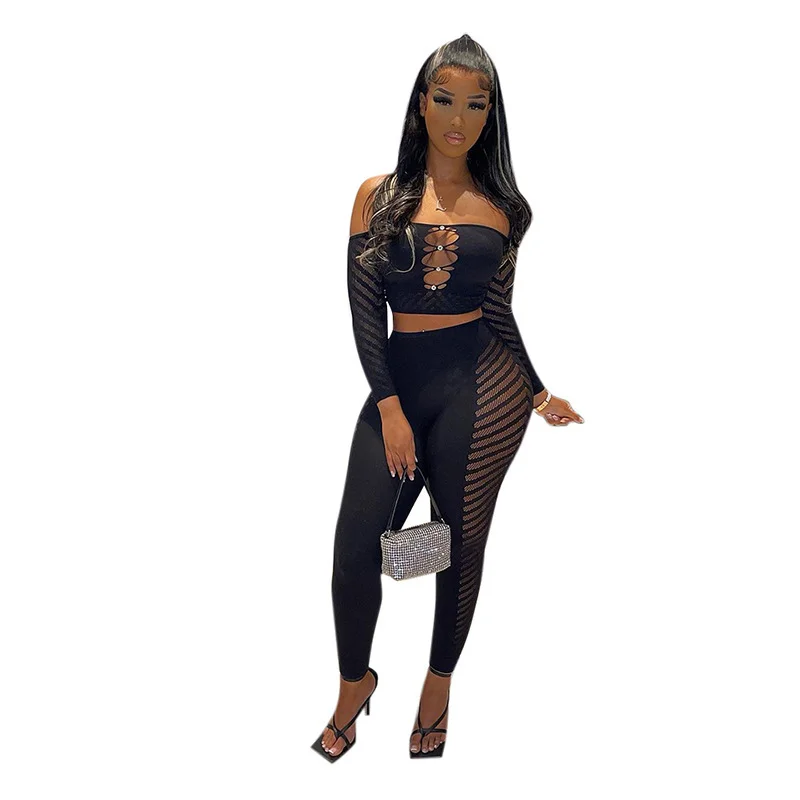 Uveng Uveng Women's Clothing 2023 Mesh Perspective Hollow Diamond Wrap Bra Long Sleeve Trousers Casual Suit