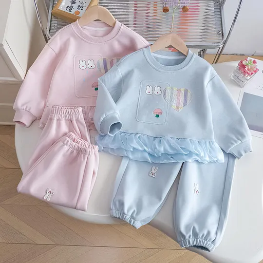 【18M-9Y】2-piece Girls Cartoon Rabbit Print Sweatshirt And Pants Set
