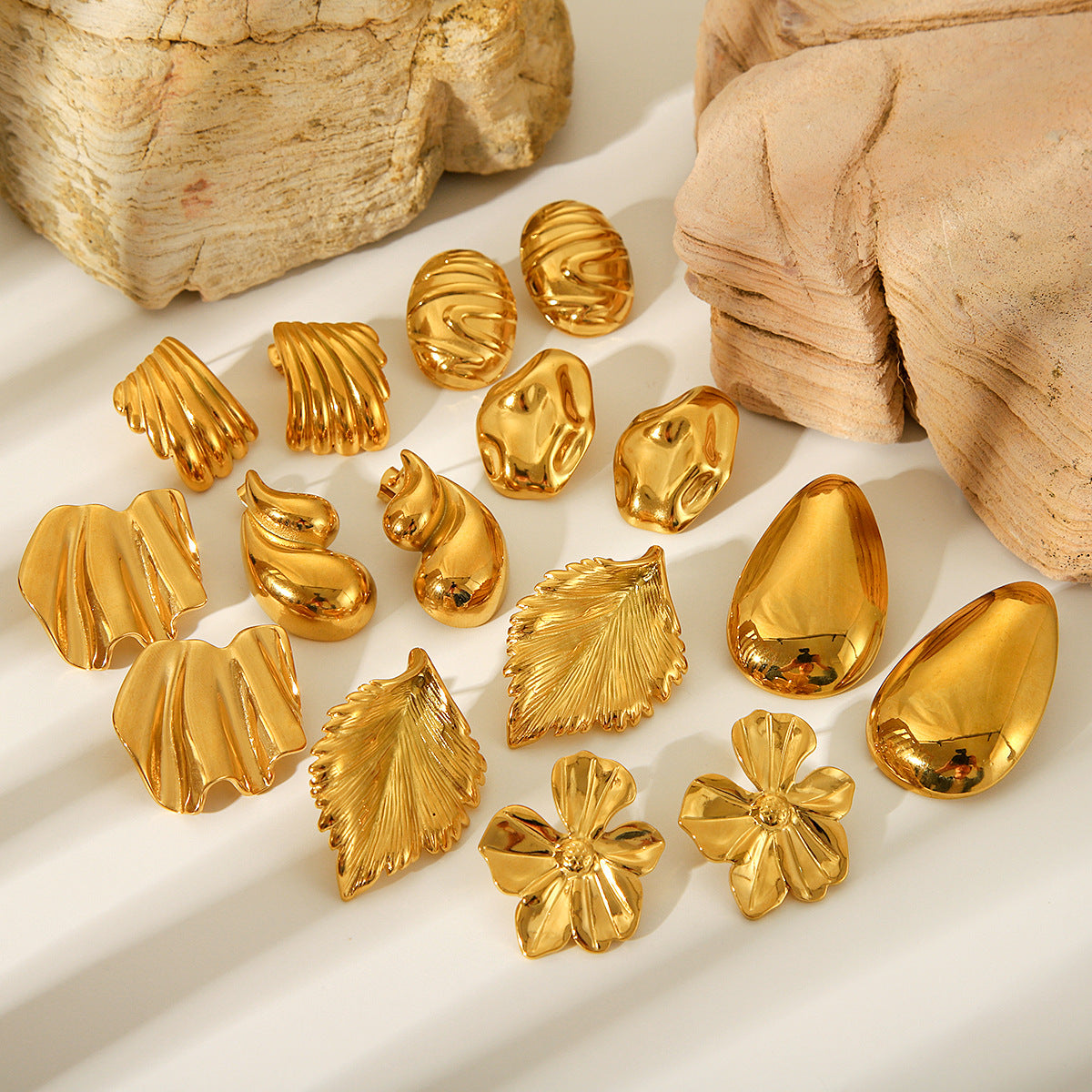 IG Style Irregular Pleated Conical Droplet Wave Geometric Leaf Flower Stainless Steel Electroplating Earrings