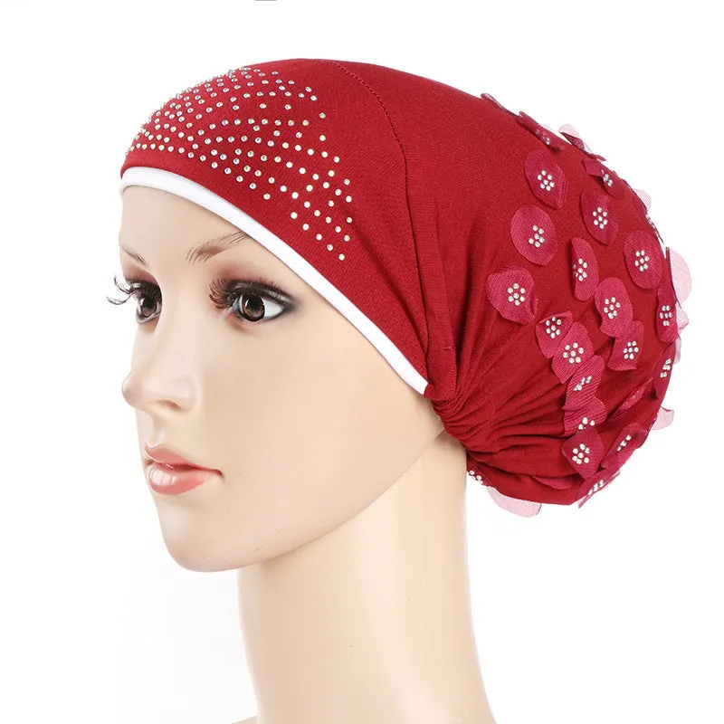 Women's Sequins Flowers Muslim Turban Hat Cap
