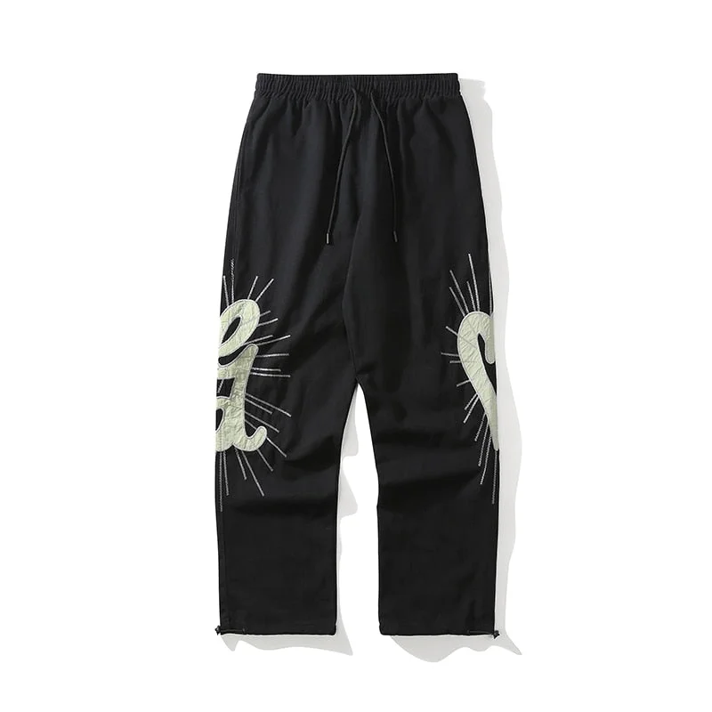 High Street Drawstring Reflective Love Musical Pattern Cargo Pants Straight Feet Elastic Loose Casual Trousers