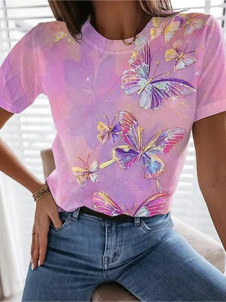 Comstylish Women's Shiny Butterfly Print T-Shirt