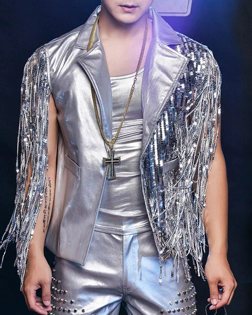Men's Trendy Silver Bright Tassel Short Jacket