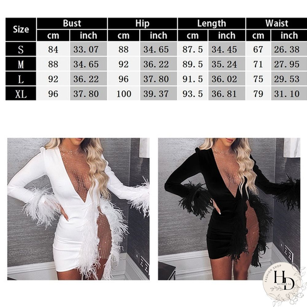 New Women Mesh Night Dress Inserted Embellished Party Dresses White Feather Mini Dress