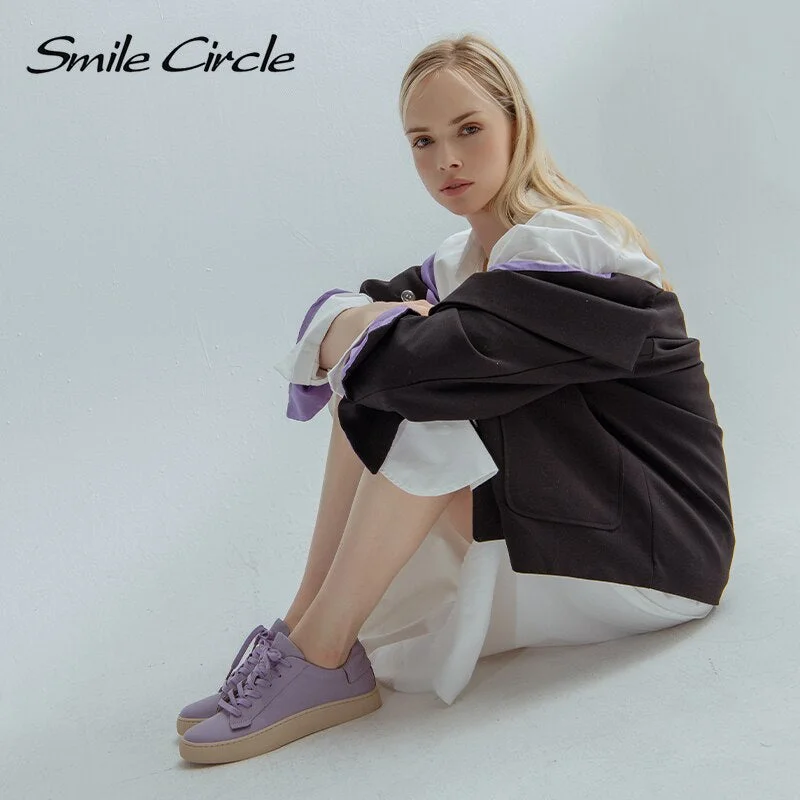 Smile Circle  Sheep leather Luxury Women Sneakers Casual Flat Ladies Shoes Fashion Breathable Comfort Women's Flat Shoes