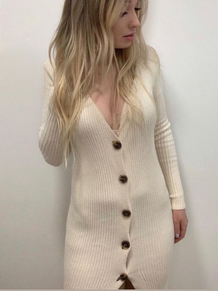 Ootddress Spring New Knitted Sweater Dress V Neck Long Sleeve Bodycon Midi Dress Cardigan Knitwear Ladies Casual White Dresses 2025
