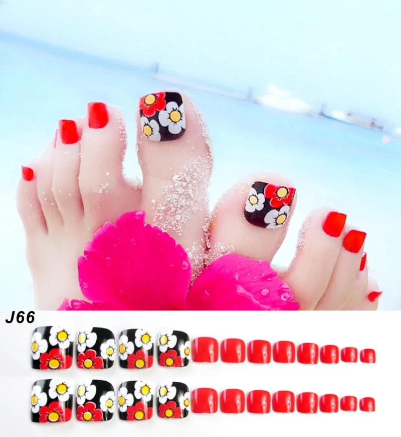 24Pcs Pretty Summer Beach Toes False Nails Rhinestone Pre-design Full Cover Red Foot Artificial Fake Nails with Glue Nail Beauty