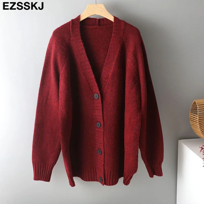 Ezsskj spring autumn sweater long sweater Cardigan Women v-neck Knitted Jacket Cardigan Sweater Female elegant Coat out wear