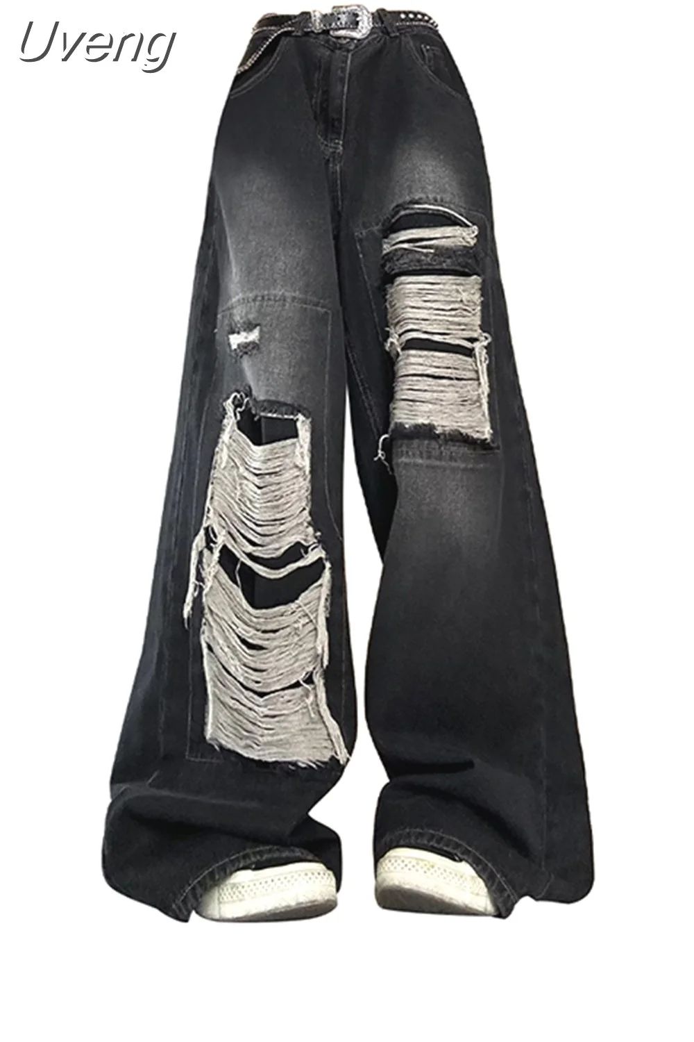 Uveng Women's Gothic Black Jeans High Waist Vintage Korean Fashion Y2k Streetwear Ripped Pants Harajuku Casual Wide Leg Denim Trousers
