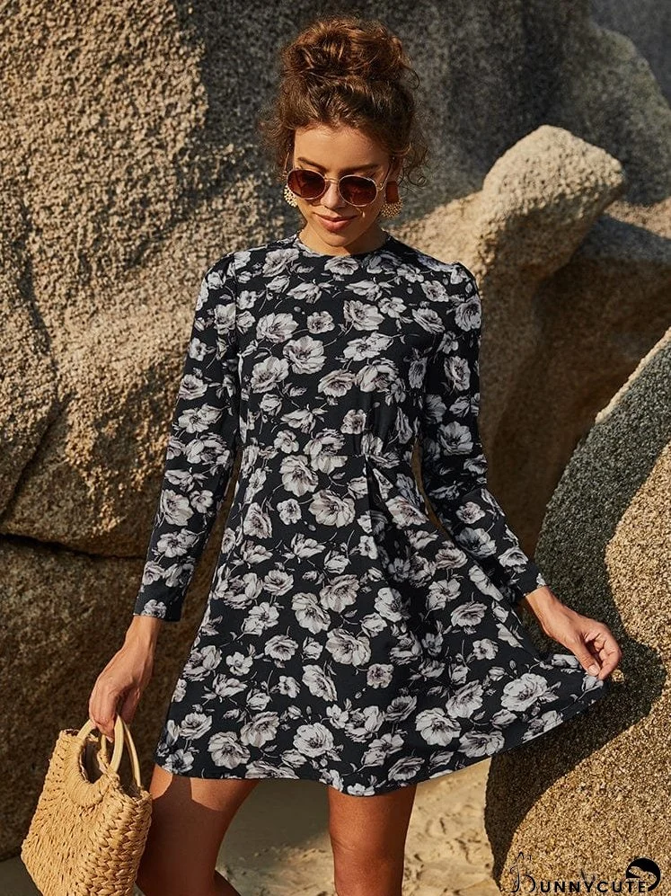 Floral Round Neck Puff Sleeve Mini Dress