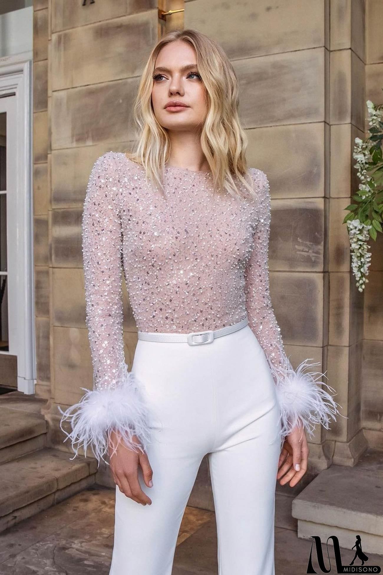 MidiSono - Fuzzy Sleeves Glitter Patchwork Jumpsuits