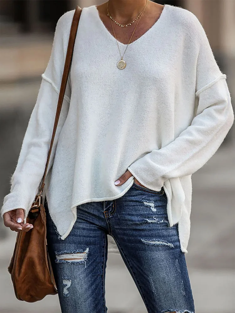 Casual Solid Color V Neck Long Sleeves Loose Sweater