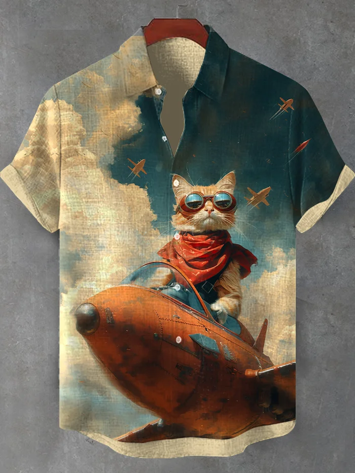 Men's Astronaut Cat Space Art Print Casual Shirt